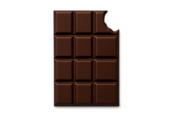 Delicious dark chocolate bar with a bite missing on transparent background
