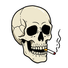 Obraz premium Skull smoking cigarette with smoke in a hand-drawn flat vector illustration 