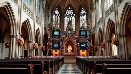 Obraz premium Church Interior with Multicolored Rectangular Object Installation