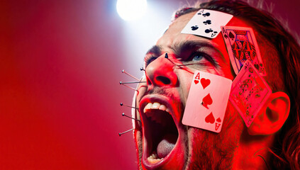 Man's Face with Playing Cards and Pins