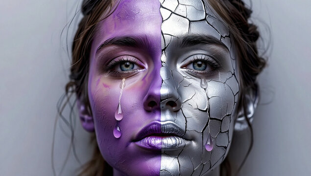 Portrait of Woman with Bicolor Face Paint and Simulated Tears