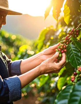 Farmer harvesting coffee beans