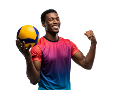 Joyful African-American male athlete holding a volleyball, celebrating success