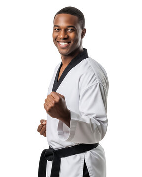 Confident young African American man in a white martial arts uniform and black belt, smiling brightly.
