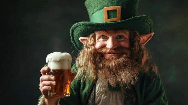 Man with beard in leprechaun costume raising beer mug, festive party atmosphere