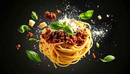 Delicious spaghetti bolognese with floating ingredients with dark background.