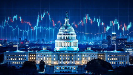 U S Capitol Building Night View with Overlayed Blue and Red Stock Market Candlestick Chart Data