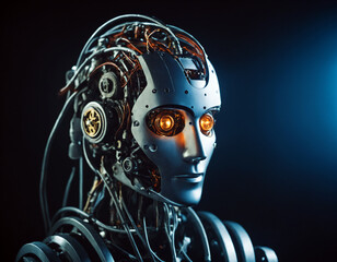 The robot's head is half open, with wires and mechanisms visible inside.