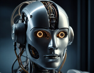 The robot's head is half open, with wires and mechanisms visible inside.