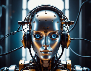 Fototapeta premium The robot's head is half open, with wires and mechanisms visible inside.