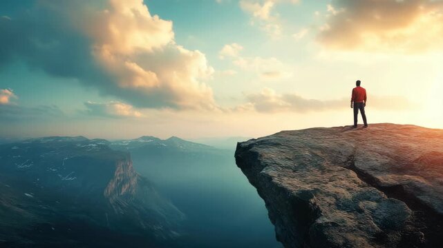 Person standing on cliff edge overlooking vast mountain range at sunset