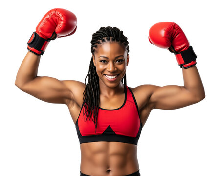 Strong, smiling Black woman in red boxing gloves flexing muscles with confidence - Powered by Adobe