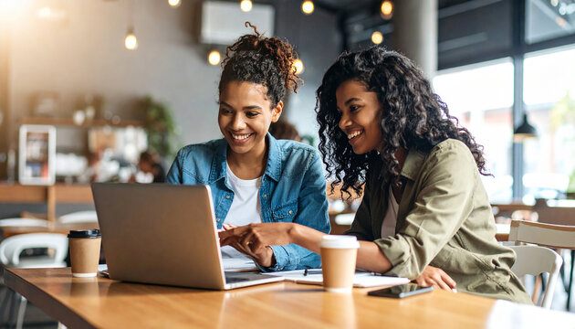 Young colleagues working together in a cafe, 300 dpi, widescreen 16:9, with free space for text