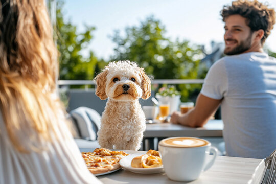 Couple Dining with Dog at Outdoor Cafe on Sunny Day