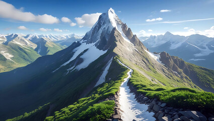 Swiss Alps mountain landscape with snow-capped peaks, green valleys, and a panoramic summer sky