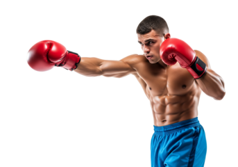 Powerful male boxer in intense action, delivering a sharp punch with red gloves
