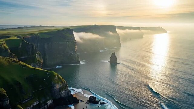 Aerial drone bird's eye view video of Majestic Cliffs of Moher, Ireland. A Sunrise Panorama. Cinematic Aerial View Morning Fog Landscape in 4K