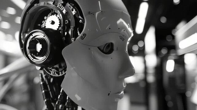 Metallic robot head with digital interface, set against backdrop of industrial machinery.