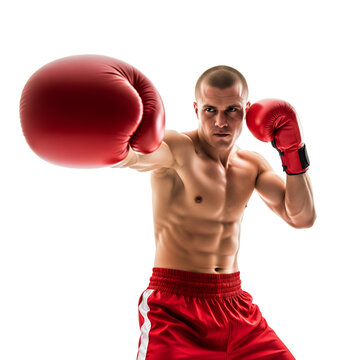 A determined male boxer delivers a powerful punch, showcasing strength and focus in a dynamic studio shot