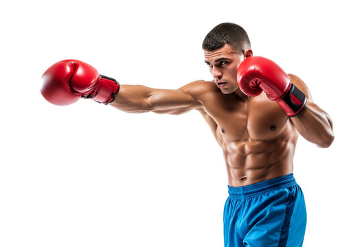 Powerful male boxer in intense action, delivering a sharp punch with red gloves