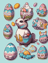 Fototapeta premium 2d vector illustration art for easter egg holiday with spring flower rabbit 