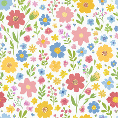 Seamless ditsy patterns with various wild meadow flowers. Сolourful cute floral summer backgrounds.