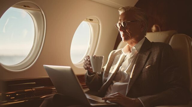 Senior businessman drinking coffee and working on laptop in private jet