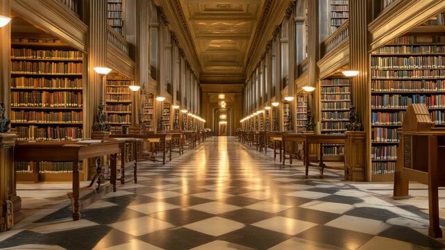 Elegant library with wooden shelves and antique books in grand hall checkered floors