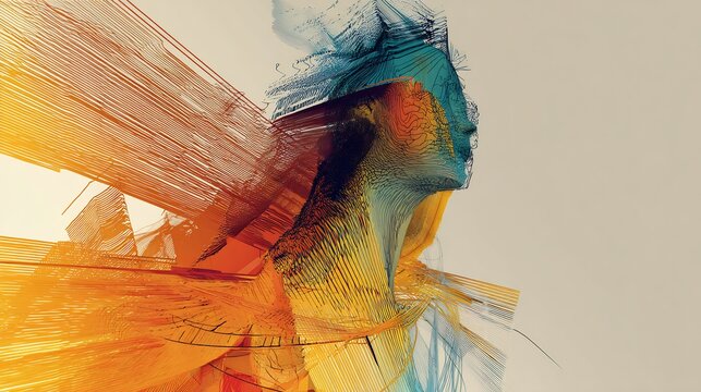 Abstract interpretation of figure dissolving into lines color symbolizing digital burnout in work