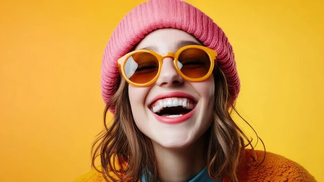 Smiling woman, pink hat, sunglasses, yellow background