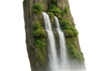 Majestic waterfall cascading down mossy cliff with transparent background