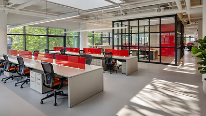 Modern open plan office interior with natural light and glass partitions creating collaborative workspaces