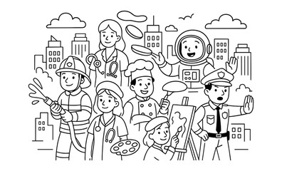 Diverse occupations line art including police artist chef doctor astronaut and firefighter