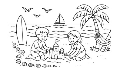 Kids building sandcastle by the sea: fun beach day with surf and sun