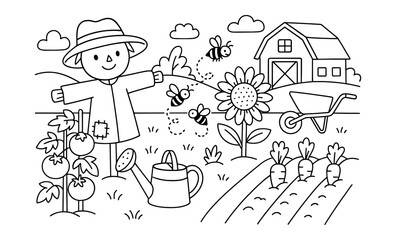 Obraz premium Charming farm scene with scarecrow in a colorless outline design