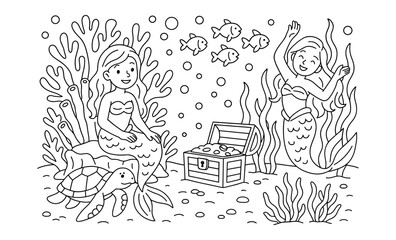 Underwater adventure with mermaids and treasure in a playful ocean scene