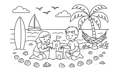Children building sandcastle on beach with palm tree and sea background in outline style