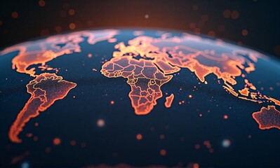 A stylized, glowing depiction of the Earth, highlighting interconnected countries with warm-toned lines, suggesting global network or pandemic.  The image uses a dark background, enhancing the glowing