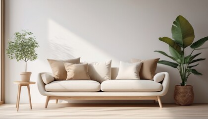 modern minimalist cream sofa with plant on wooden side table in bright room interior design home calm cozy chic couch white decor