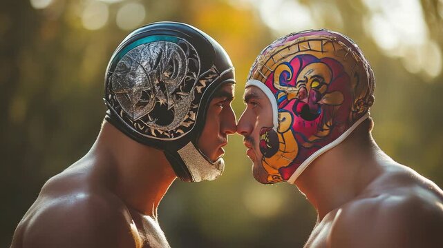 Two masked wrestlers face-off, wearing colorful, intricate headgear, outdoors