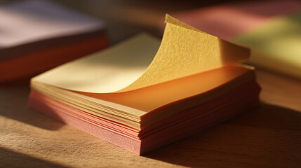 Sticky Note Still Life: A captivating still life of a stack of sticky notes with the top note slightly peeled back, showcasing the vibrant colours of organization and focus. 