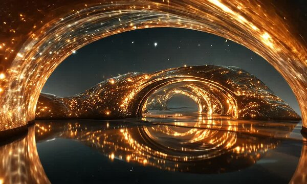 Golden, luminous arches reflecting in a dark pool