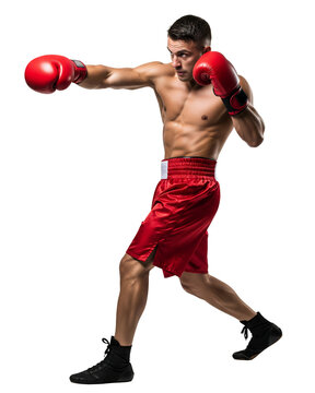 Dynamic male boxer in red shorts and gloves delivering a powerful punch with focus