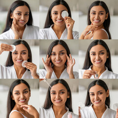 This collage highlights a beauty skincare routine at home. Indian woman enjoys various pampering...