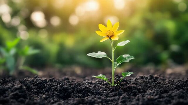 Single yellow flower growing in rich, dark soil amidst vibrant and lush background