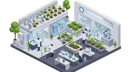 Obraz premium Isometric view of a futuristic biotechnology laboratory where scientists conduct innovative research on plant growth and genetics.