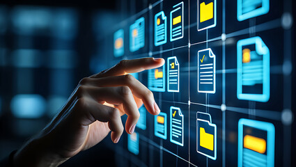 Close up of a human hand interacting with a futuristic digital interface displaying glowing data files and icons on a dark background