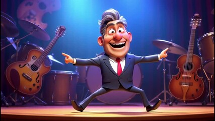 A charismatic animated performer in a stylish suit brings infectious energy to the stage, surrounded by musical instruments, ready to delight the crowd.