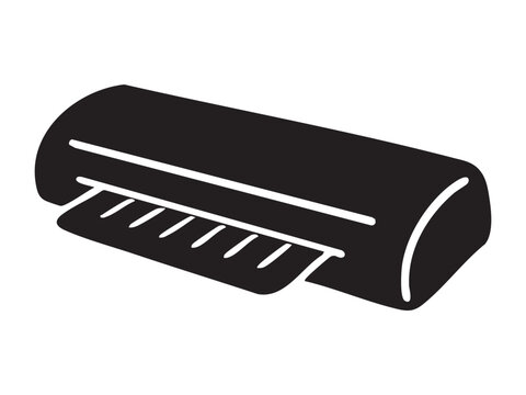 Black silhouette of office laminator machine with paper sheet, isolated on white background, graphic illustration. Concept of document protection, office equipment, plastic lamination, design element