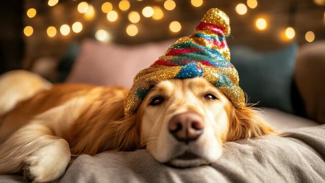 Golden brown dog wearing colorful party hat, sleeping on sofa with festive light background